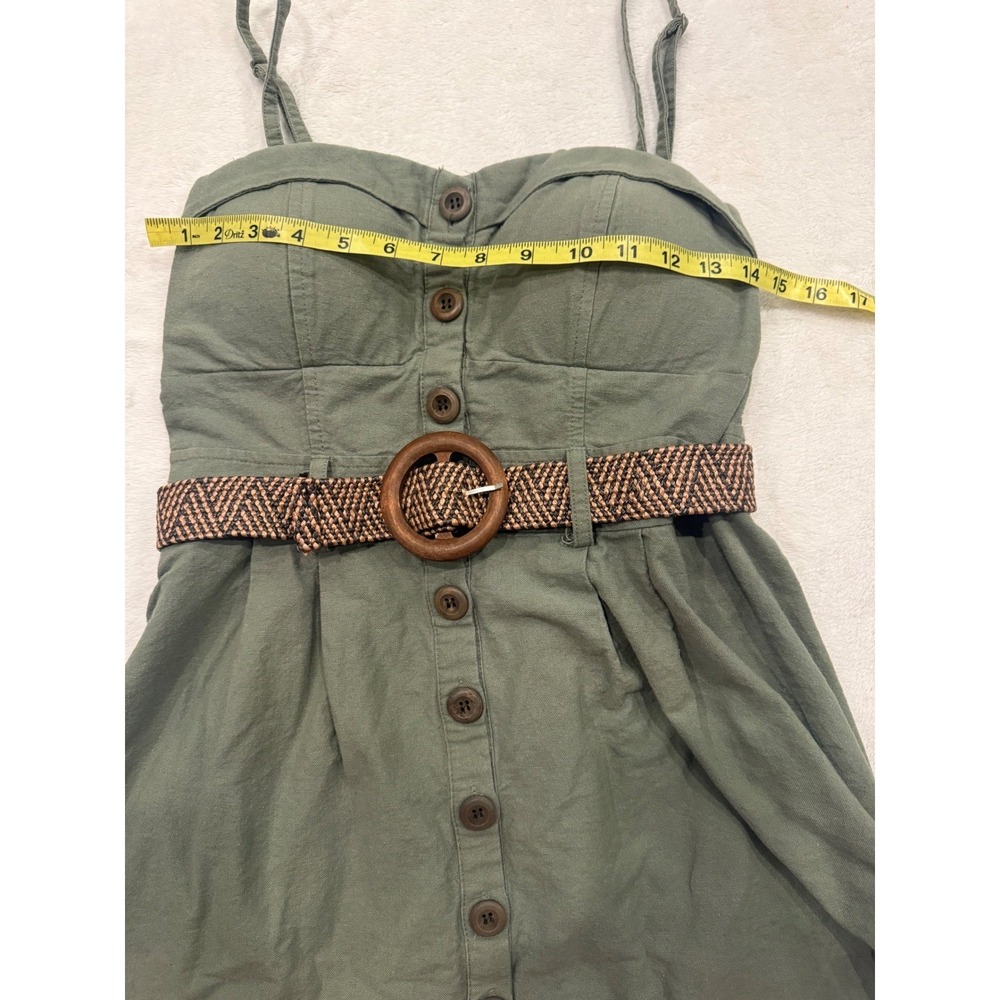 Mind Code Olive Green Cotton Button Front Mini Dress with Belt Size L 5902 - Picture 2 of 6